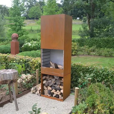 Riscaldatore da giardino per cortile esterno, camino a legna in acciaio corten